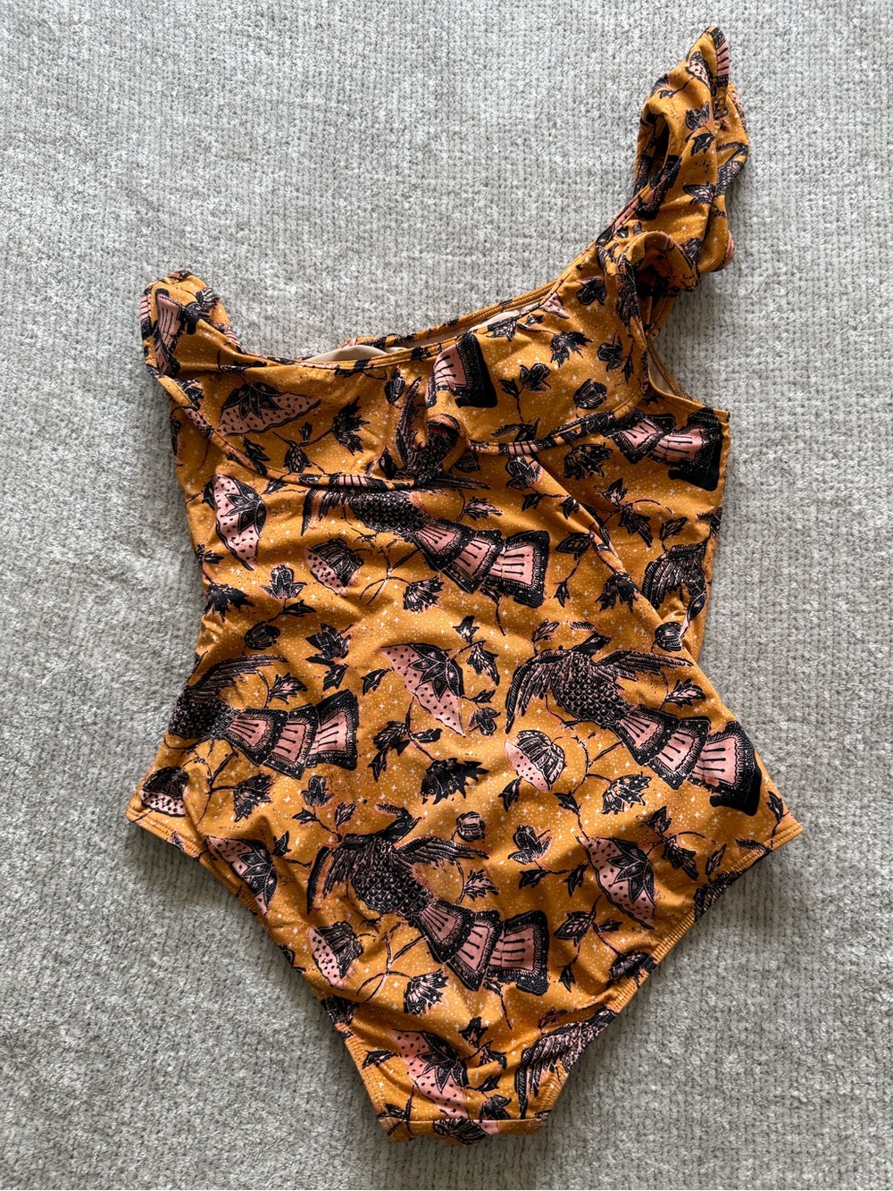 Ulla Johnson One Shoulder Swimsuit Large Ruffle Bird Print Orange Boho - Picture 3 of 6